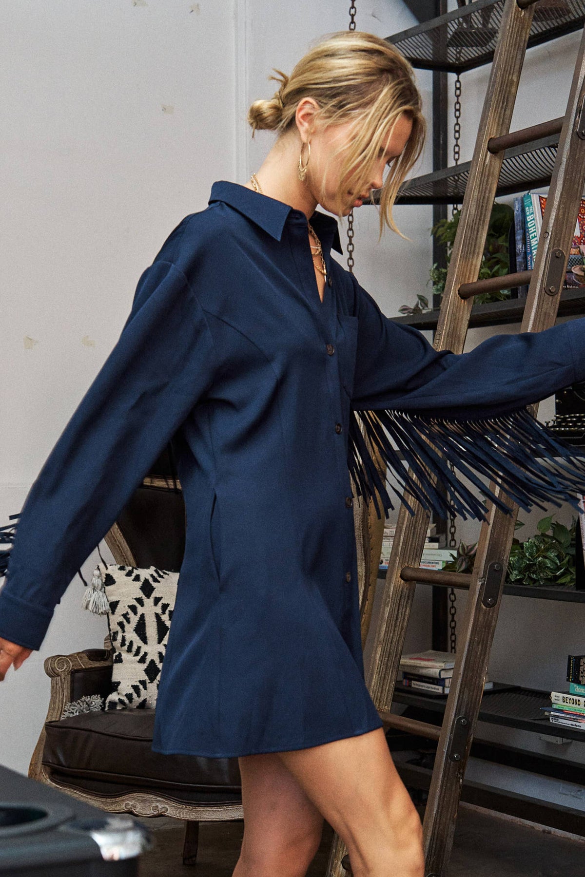 Western Fringe Trim Woven Shirt Dress JJD5017: NAVY / S