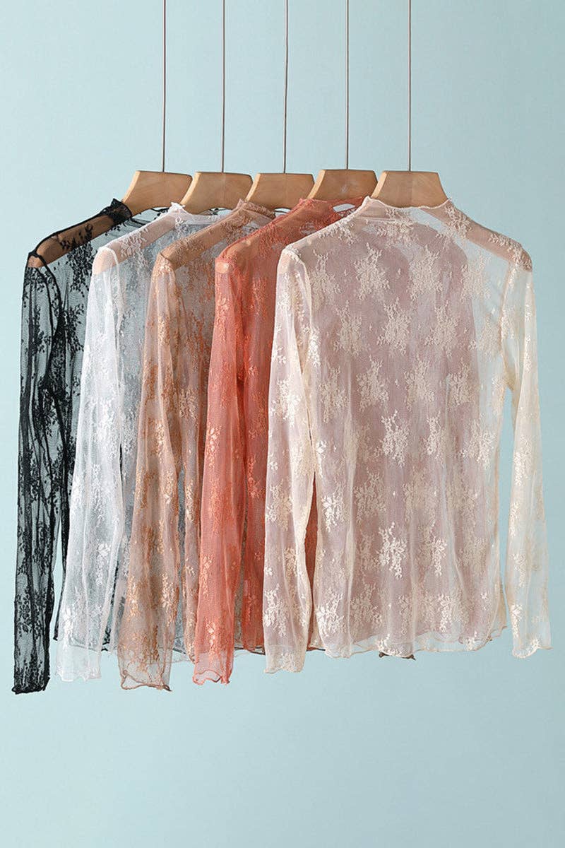 Elegant Lace Sheer T-Shirt: COFFEE / L