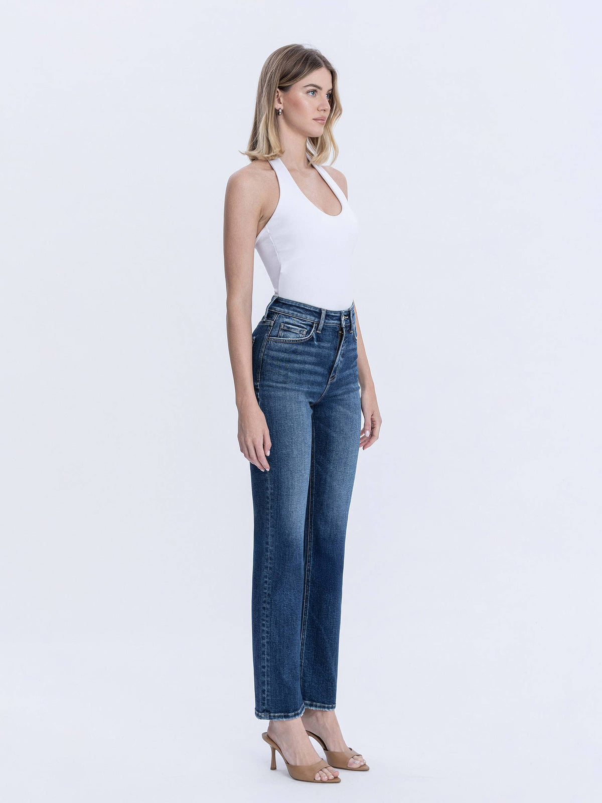 HIGH RISE FULL LENGTH DARK WASH STRAIGHT JEANS T7012: CELESTIAL GLOW / 27