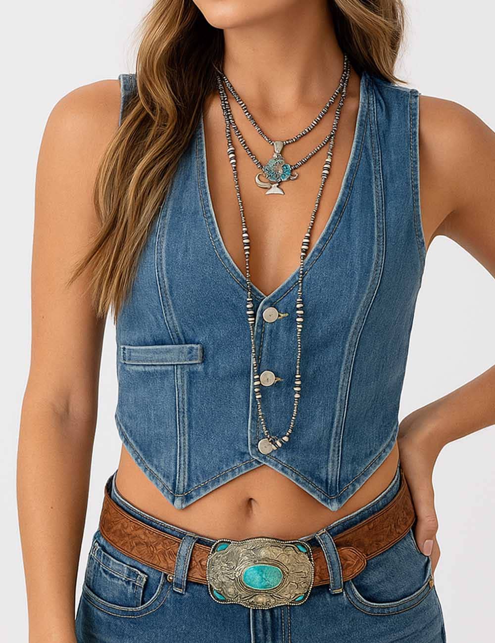 Ladies V-Neck Sleeeveless Button Denim Vest SKT50101: Dark Blue / L