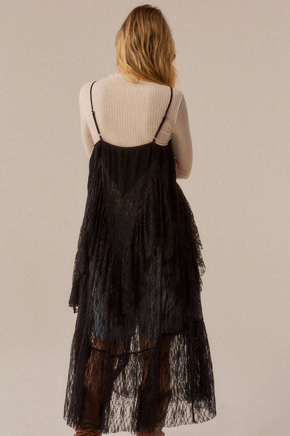 Ruffled Lace Flyaway Maxi Cami Top: Black / S