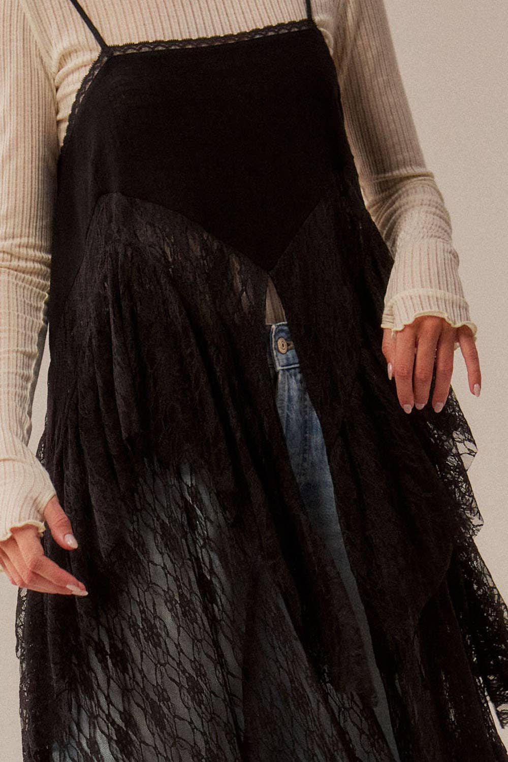 Ruffled Lace Flyaway Maxi Cami Top: Black / S