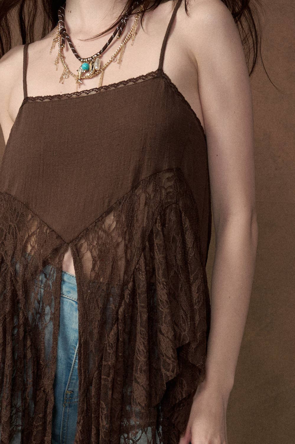 Ruffled Lace Flyaway Maxi Cami Top: Black / M