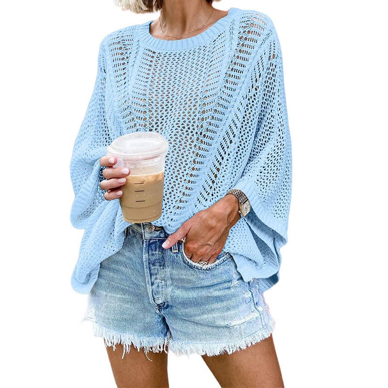 Ladies Bat Sleeves Hollow Out Knit Blouse 22065: White / L