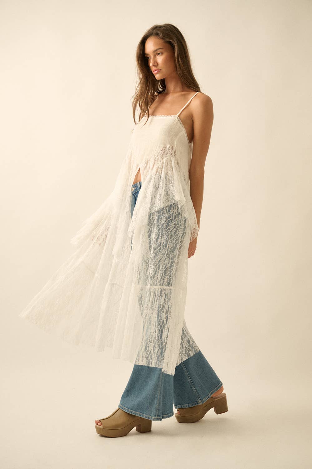 Ruffled Lace Flyaway Maxi Cami Top: Cream / M