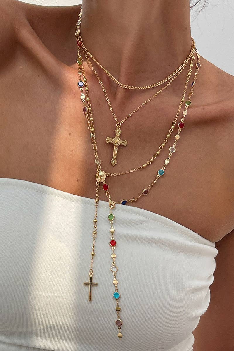 Layered Cross Pendant Necklace: GOLD / One Size