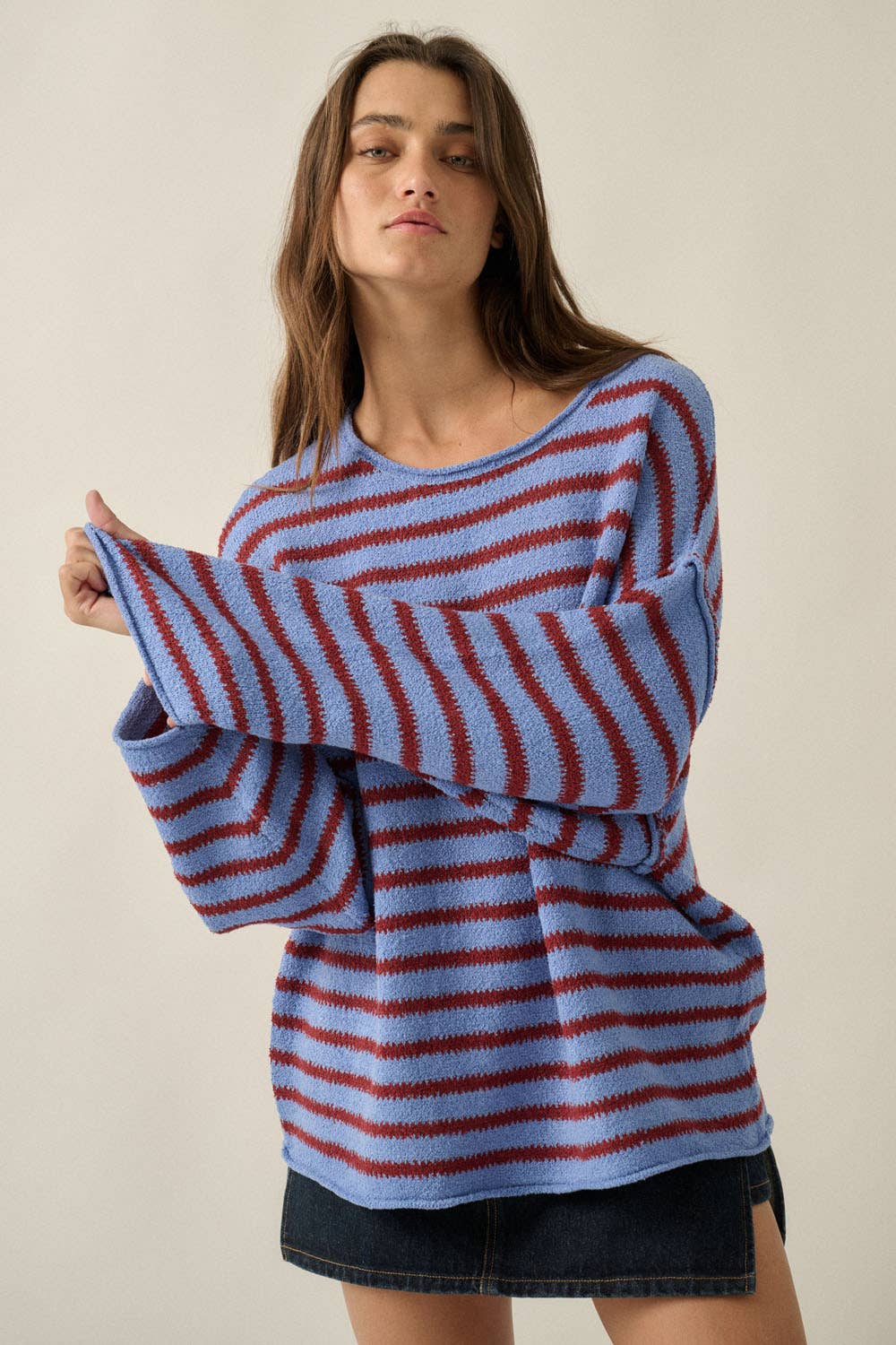 Striped Textured Knit Oversized Sweater: Midnight-Grey / M