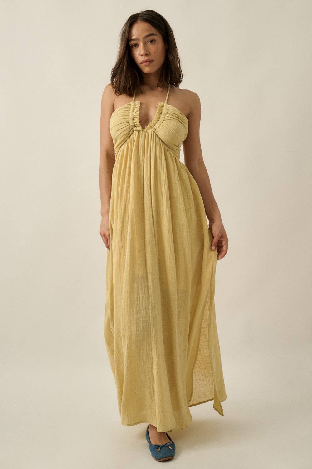 Cotton Gauze Tie-Back Halter Pocket Maxi Dress: Stone / L