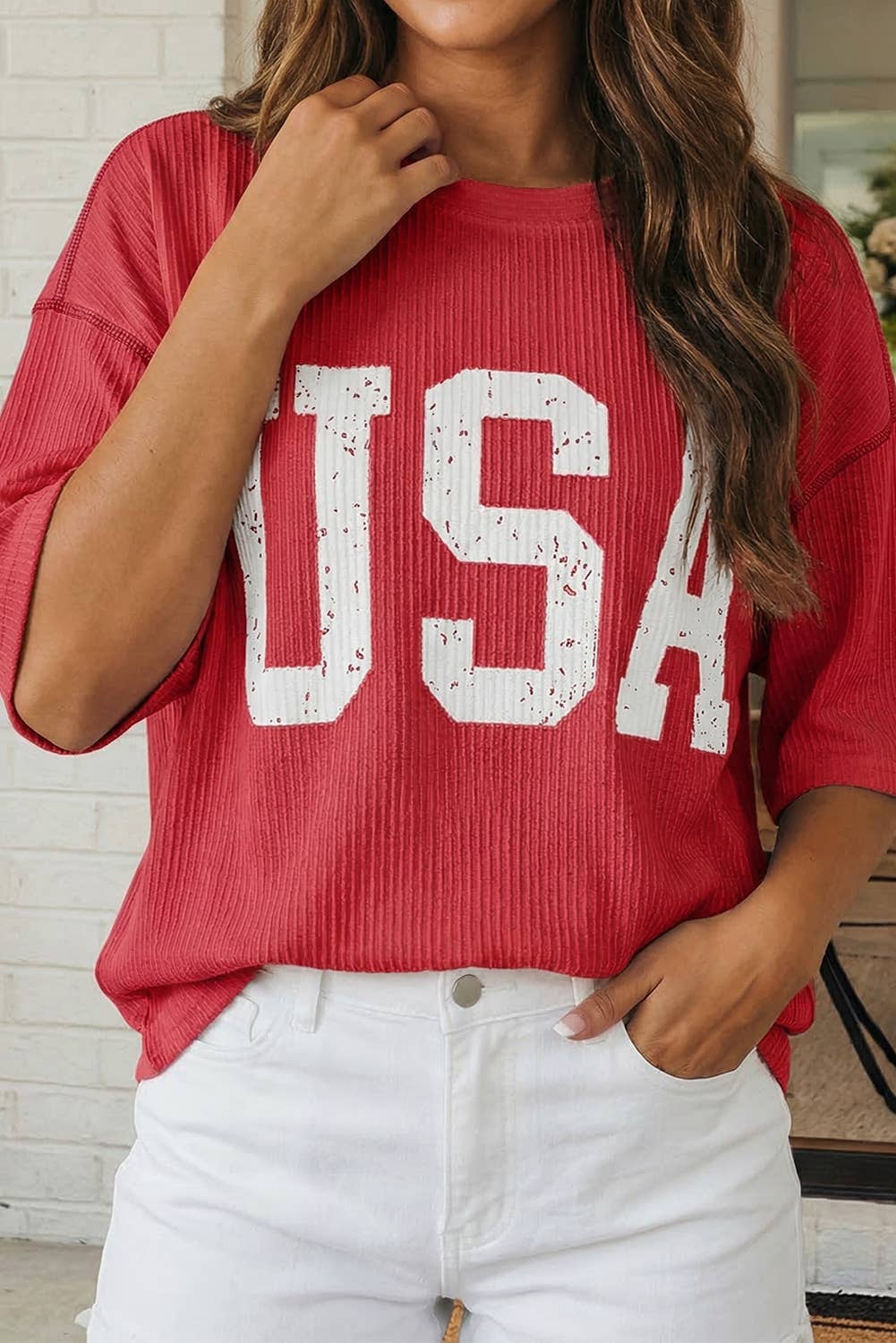 LAS USA Graphic Half Sleeve Loose Ribbed Top (S-XL): White / Missy / M