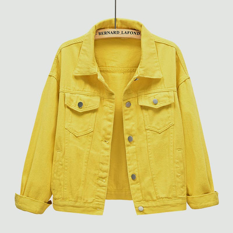 Solid color slim cropped denim jacket casual jacket: White / (XL) 1