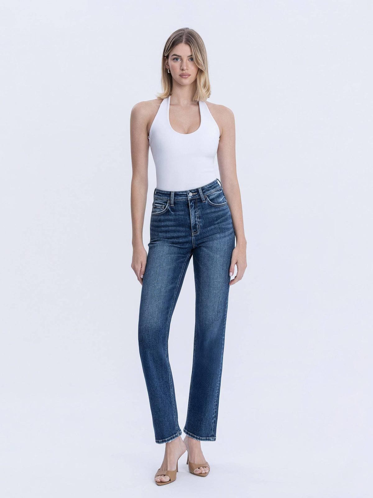 HIGH RISE FULL LENGTH DARK WASH STRAIGHT JEANS T7012: CELESTIAL GLOW / 32
