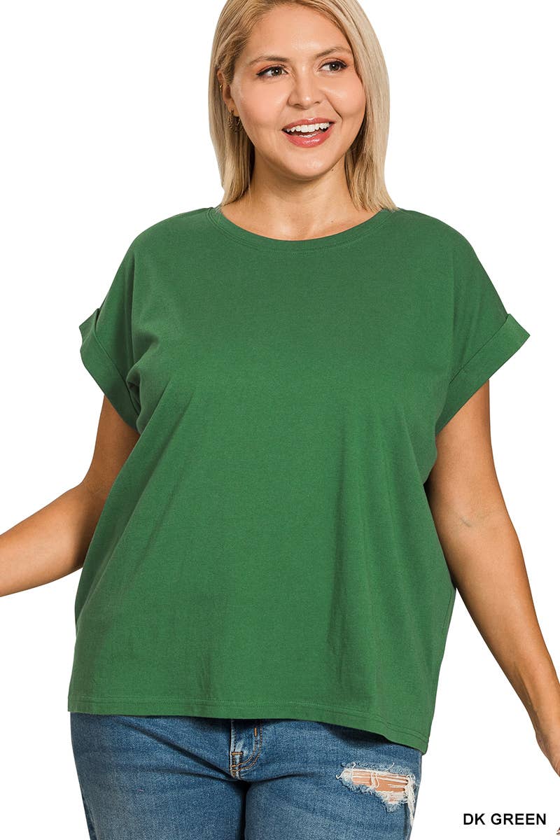,..._ Plus size Cotton Folded Sleeve T Shirt: +WHITE-173980 / 3X