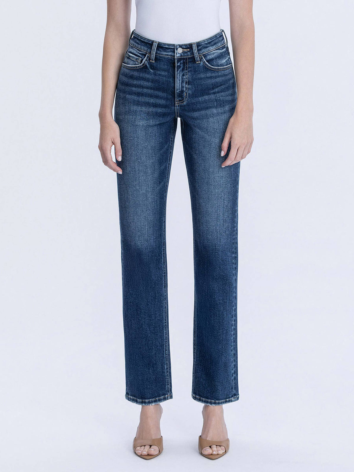 HIGH RISE FULL LENGTH DARK WASH STRAIGHT JEANS T7012: CELESTIAL GLOW / 27