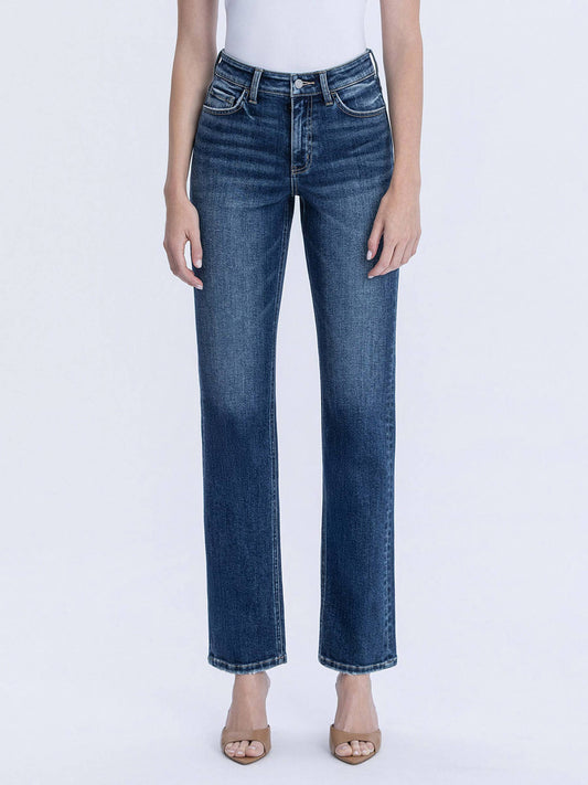 HIGH RISE FULL LENGTH DARK WASH STRAIGHT JEANS T7012: CELESTIAL GLOW / 27