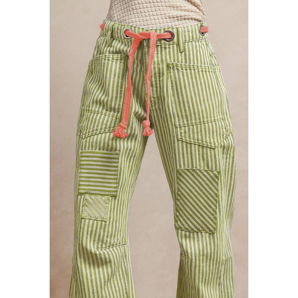 STRIPED TWILL BARREL PANTS: OATMEAL / S-M-L-XL(2-2-2-2)