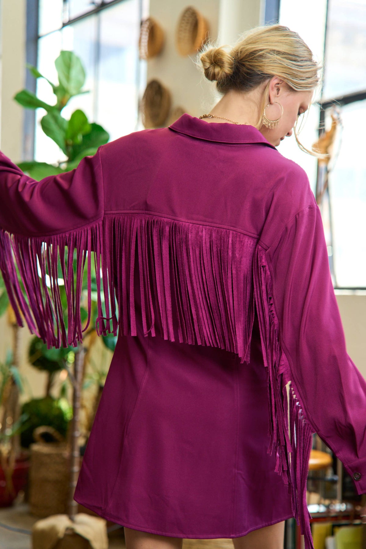 Western Fringe Trim Woven Shirt Dress JJD5017: NAVY / M