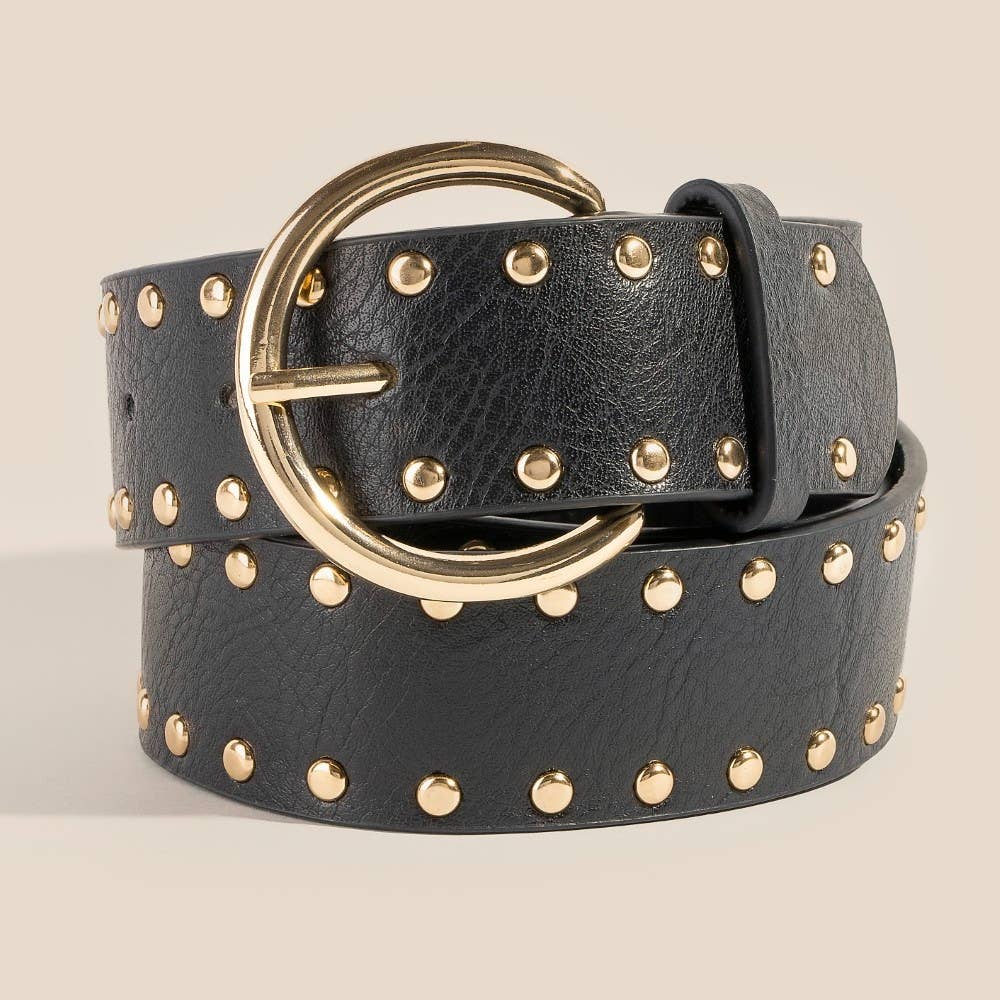 Metallic Studded Vegan Leather Belt: Black / Gold