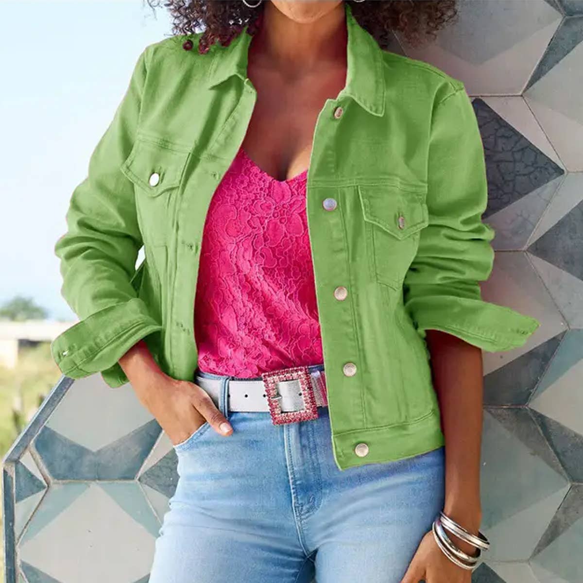 Solid color slim cropped denim jacket casual jacket: White / (S) 1