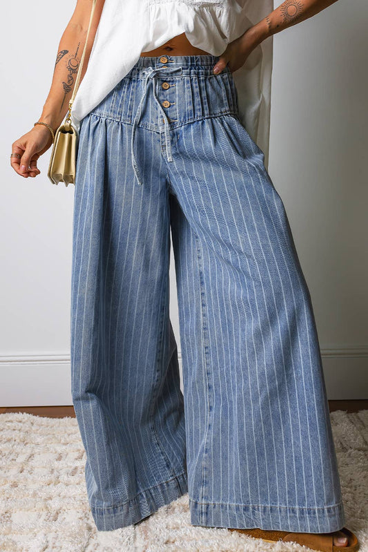 Stripe Button Pleated Drawstring Wide Leg Jeans | 4-16: Sky Blue Stripe / 6