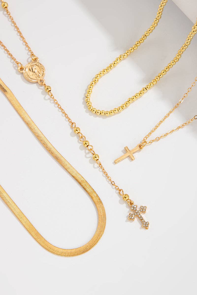 Layered Cross Pendant Necklace: GOLD / One Size