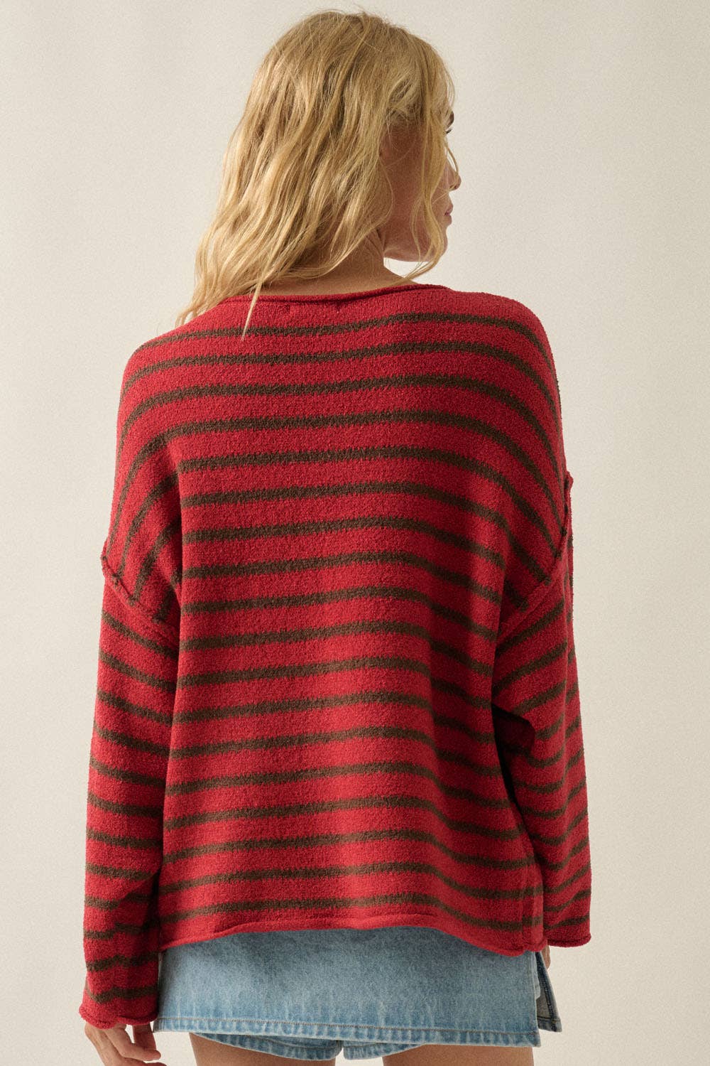 Striped Textured Knit Oversized Sweater: Choco-Blue / S