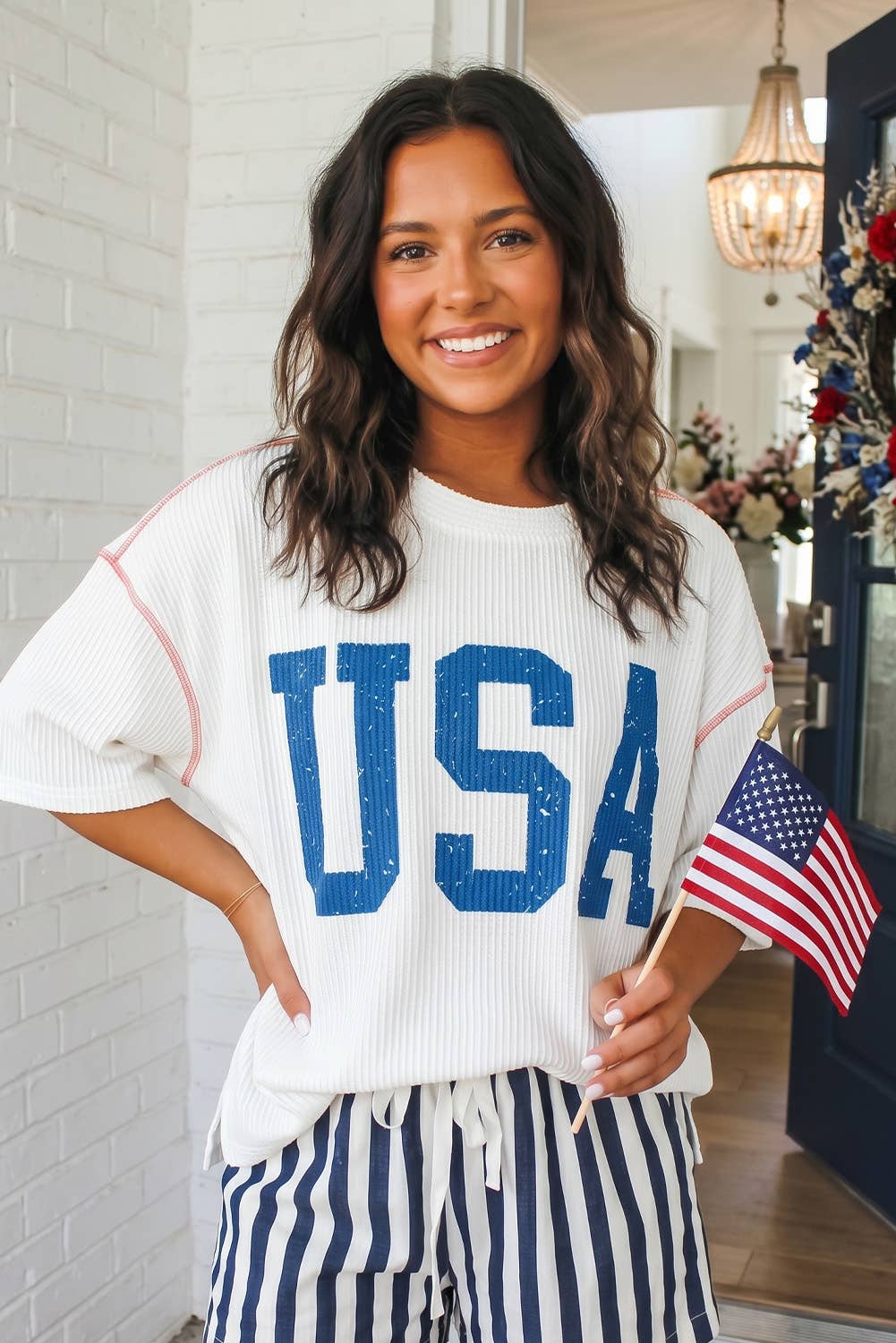 LAS USA Graphic Half Sleeve Loose Ribbed Top (S-XL): Fiery Red / Missy / L