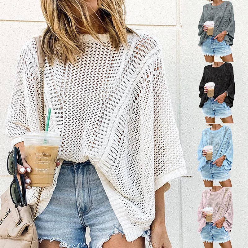 Ladies Bat Sleeves Hollow Out Knit Blouse 22065: White / M