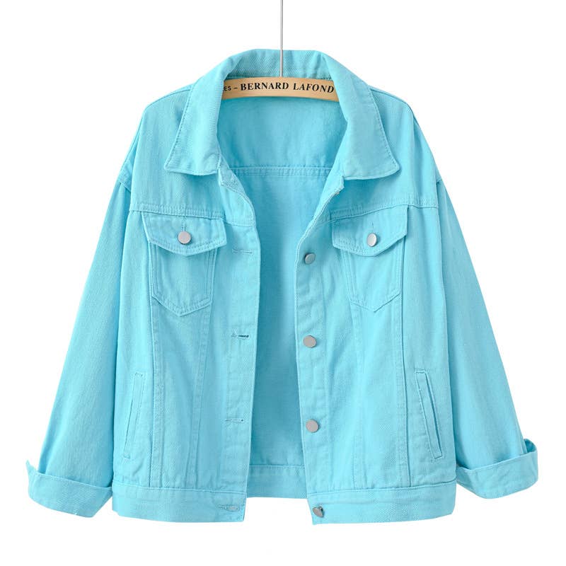 Solid color slim cropped denim jacket casual jacket: White / (XL) 1
