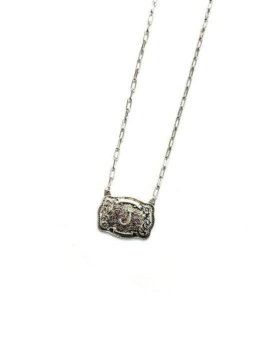 Western Belt Buckle Initial Necklace: J