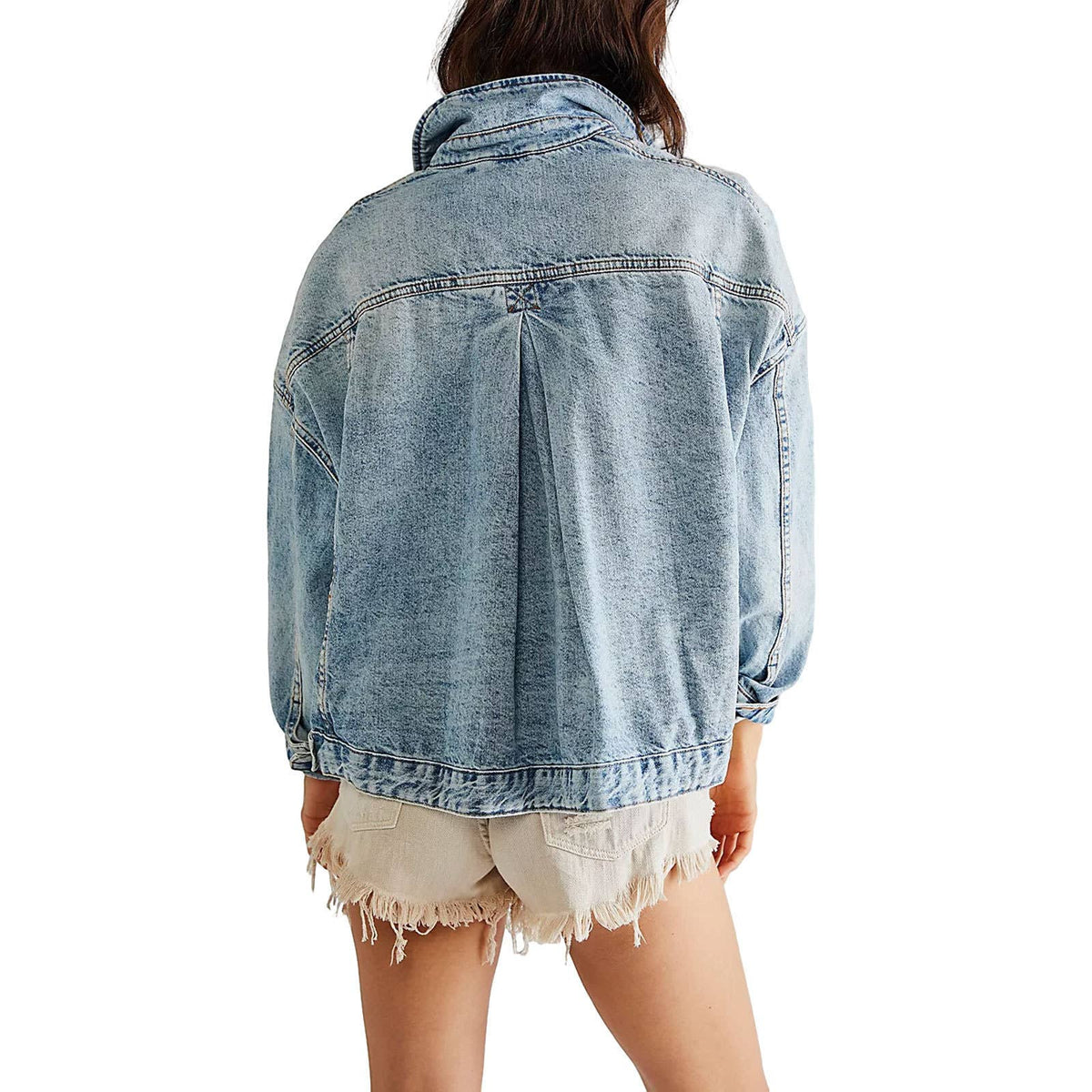 LOOSE STYLISH SOLID COLOR DENIM JACKET FOR WOMEN: BLUE / (M) 1