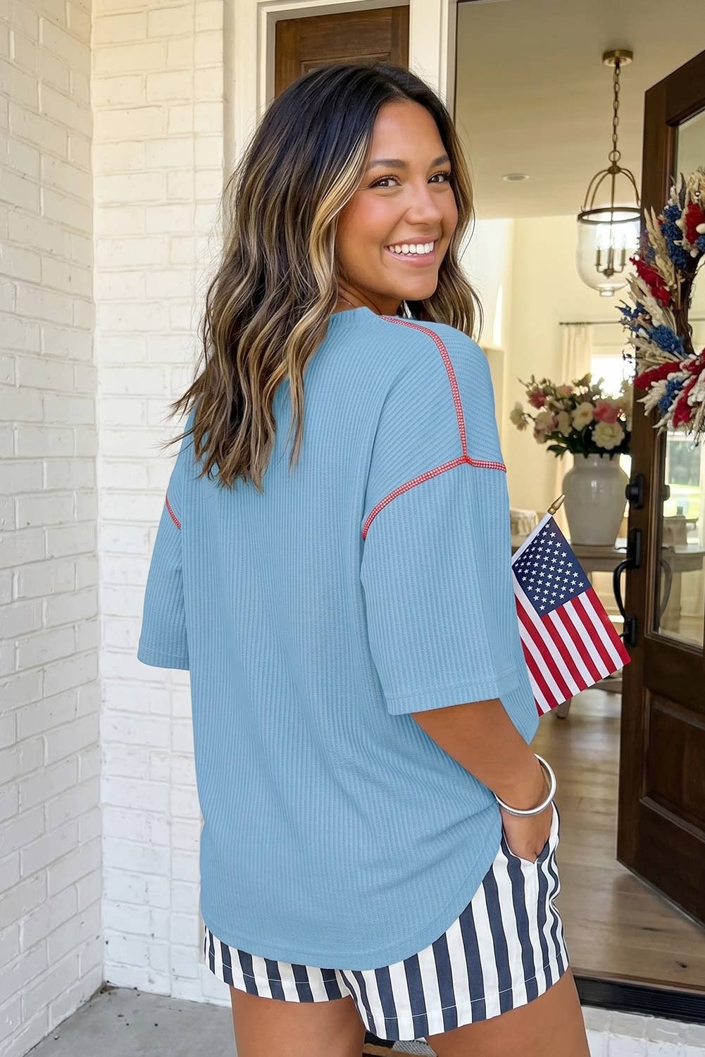 LAS USA Graphic Half Sleeve Loose Ribbed Top (S-XL): Fiery Red / Missy / XL