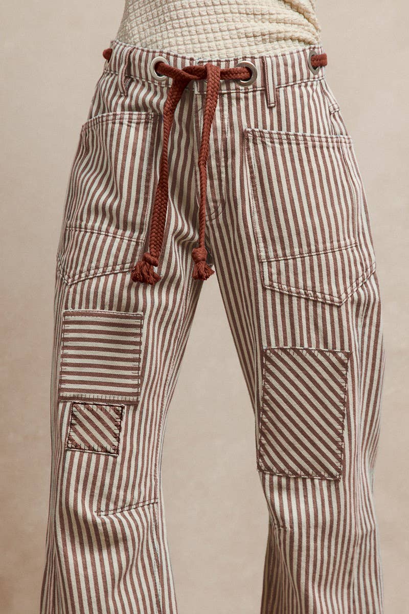STRIPED TWILL BARREL PANTS: OATMEAL / S-M-L-XL(2-2-2-2)