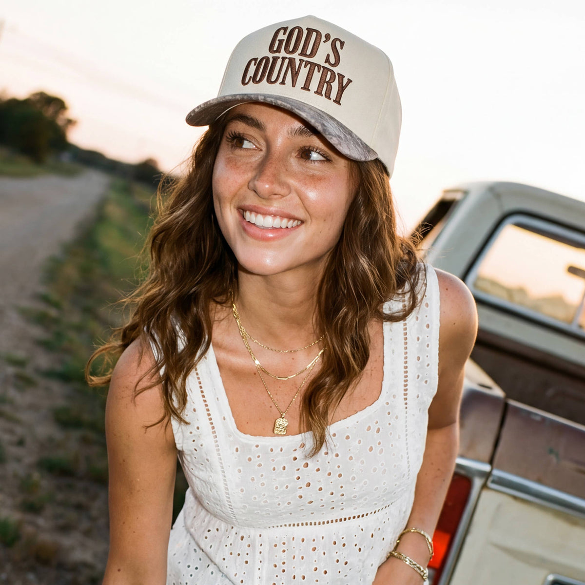 GOD'S COUNTRY Letter on Two Tone Trucker Hat: DKM2