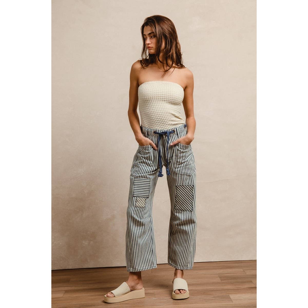 STRIPED TWILL BARREL PANTS: OATMEAL / S-M-L-XL(2-2-2-2)