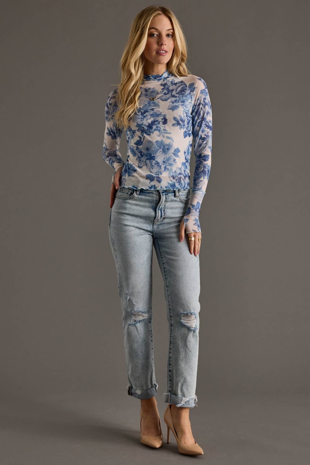 Blue & White Floral Mesh Top