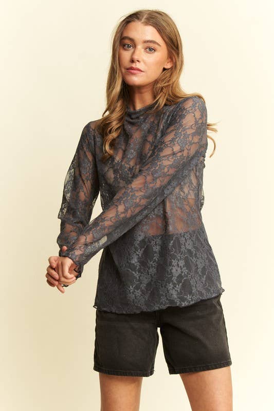 Floral Print Lace Long Sleeve Top KRT1739: NAVY / L