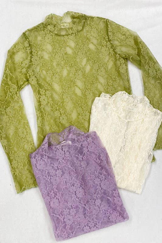 Floral Print Lace Long Sleeve Top KRT1739: NAVY / M