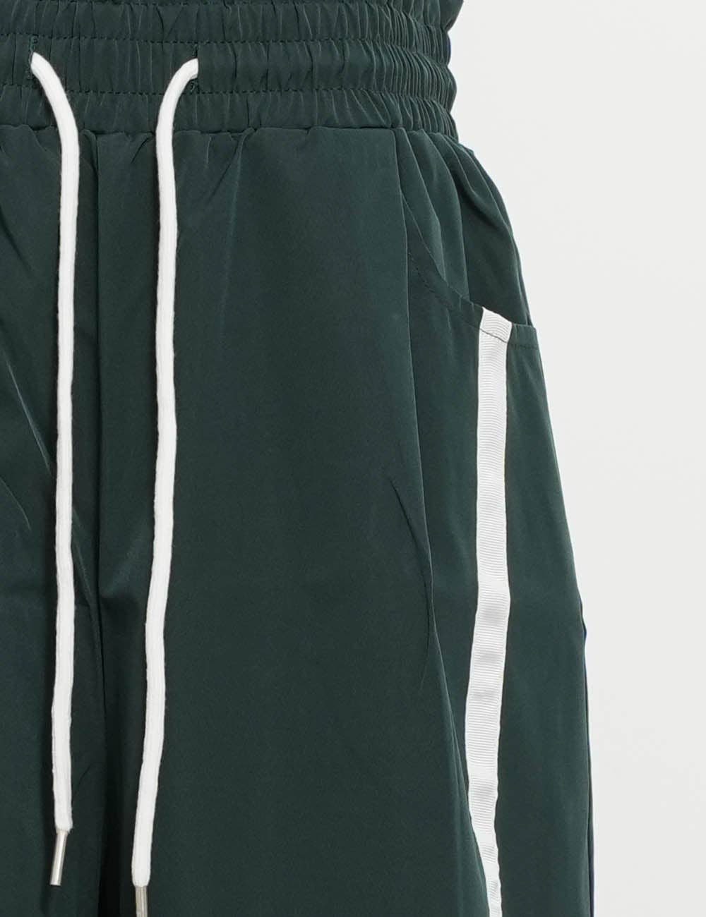 Ladies Color Block Striped Elastic Tie Waist Wide Leg Pants: Dark Green / S