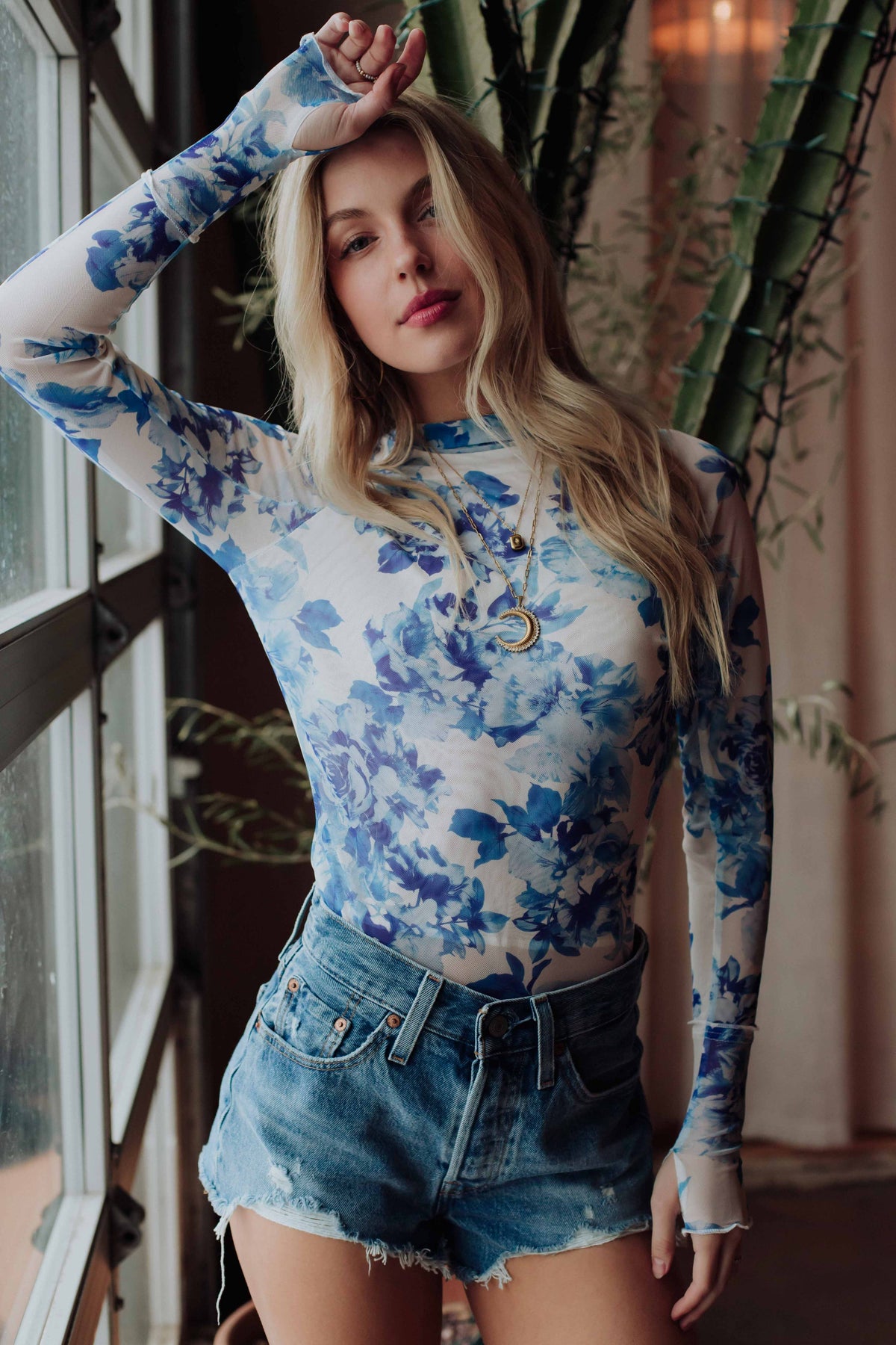 Blue & White Floral Mesh Top