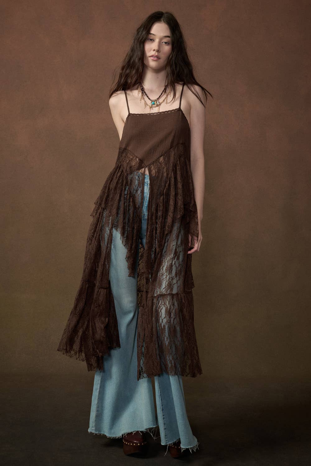 Ruffled Lace Flyaway Maxi Cami Top: Black / S