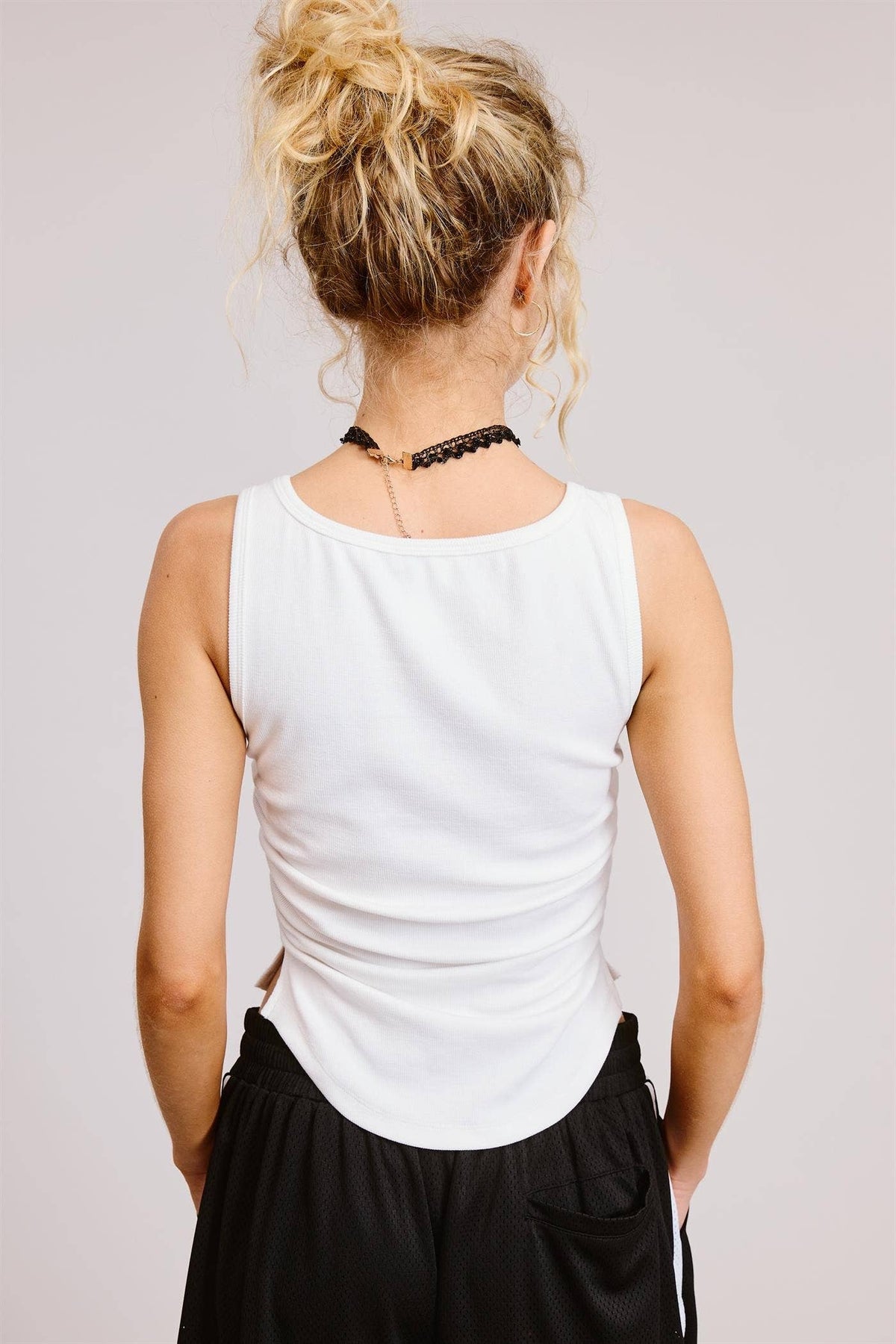 Ruched Ribbed Knit Tank with Scoop Neck: Grey / M