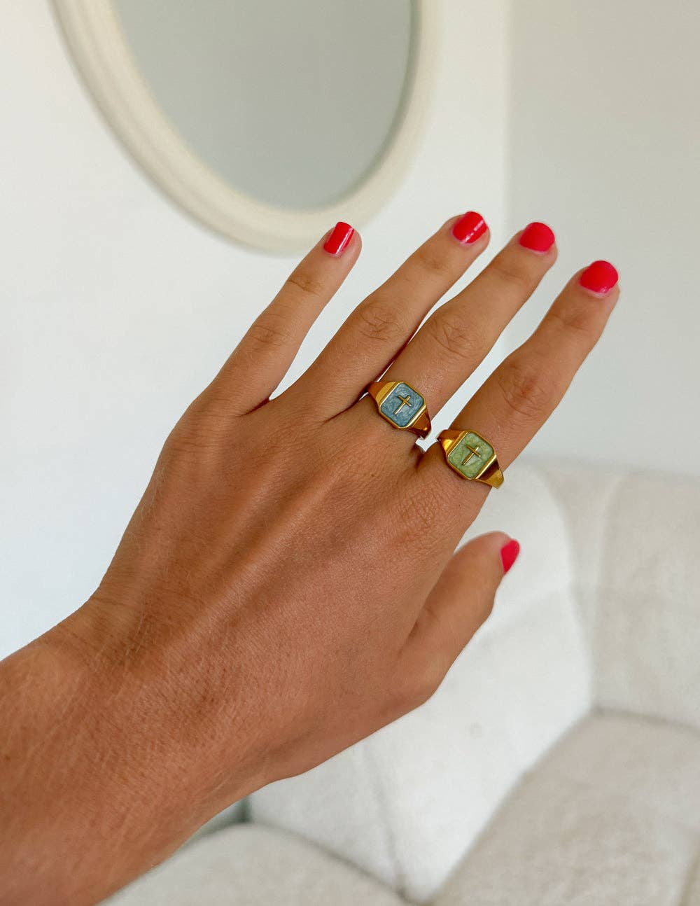 Matcha Green Enamel Cross Ring: 7