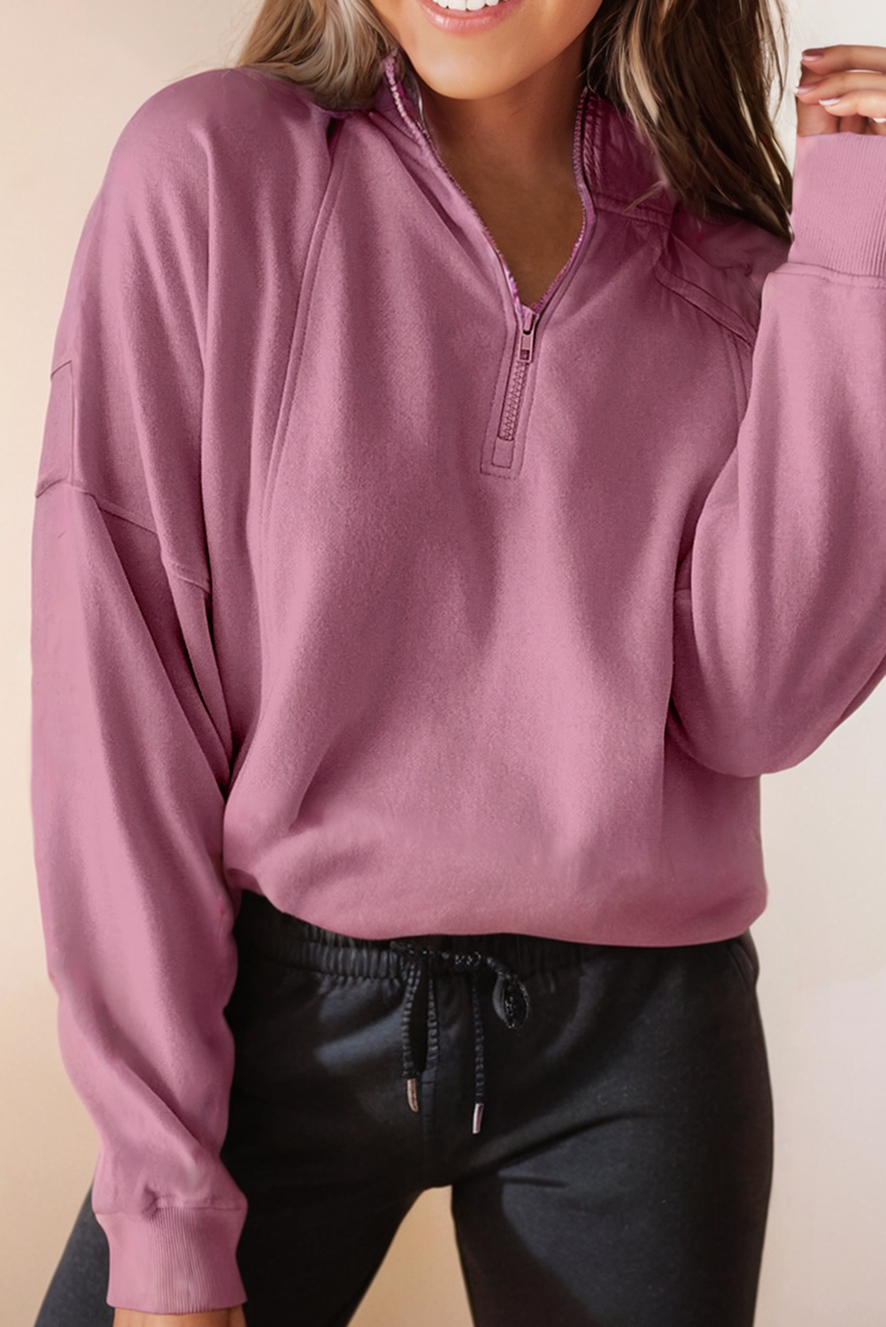 Womens Half Zipped Neck Pullover Drop Shoulder Sweatshirt: White / Missy / M