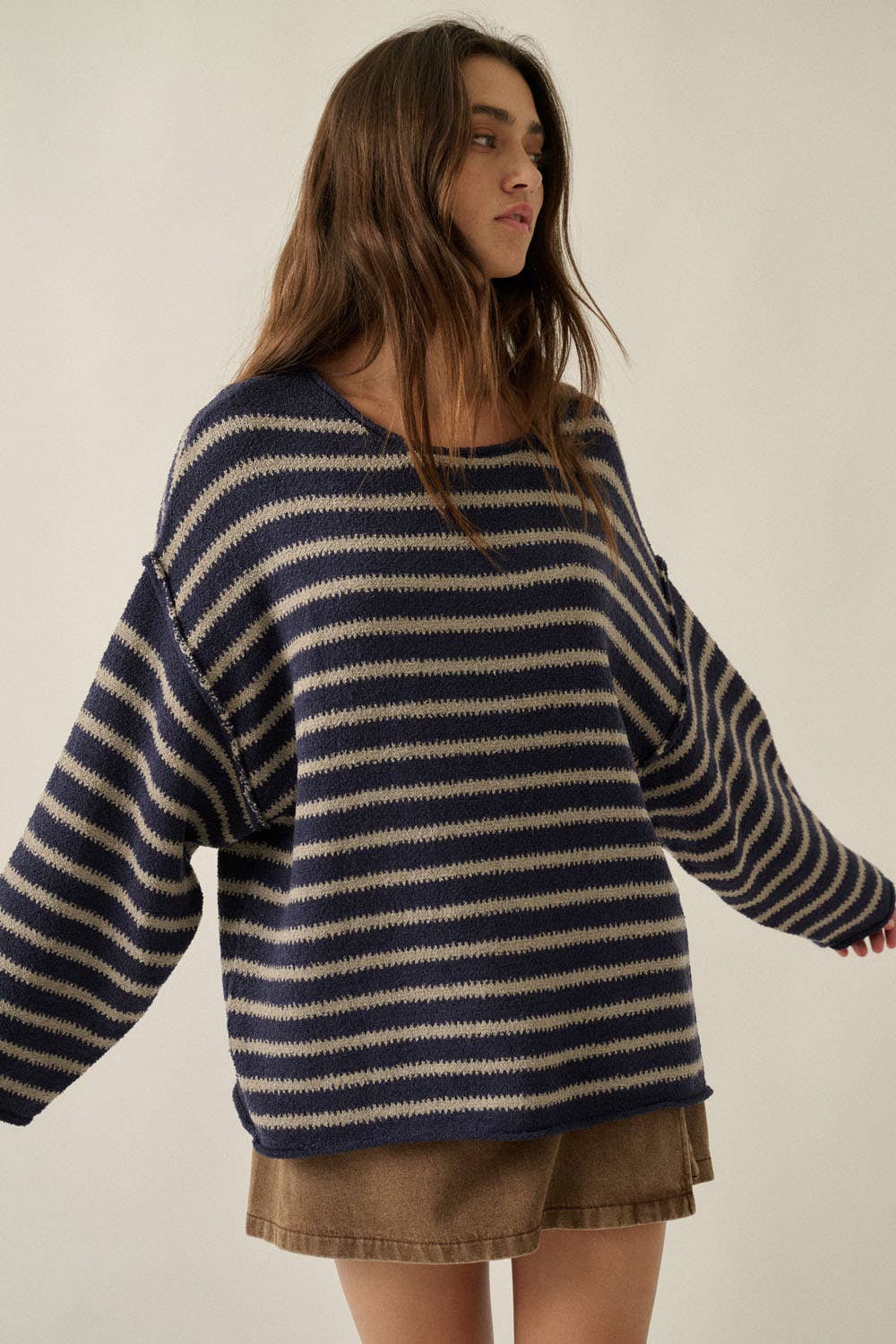 Striped Textured Knit Oversized Sweater: Midnight-Grey / S