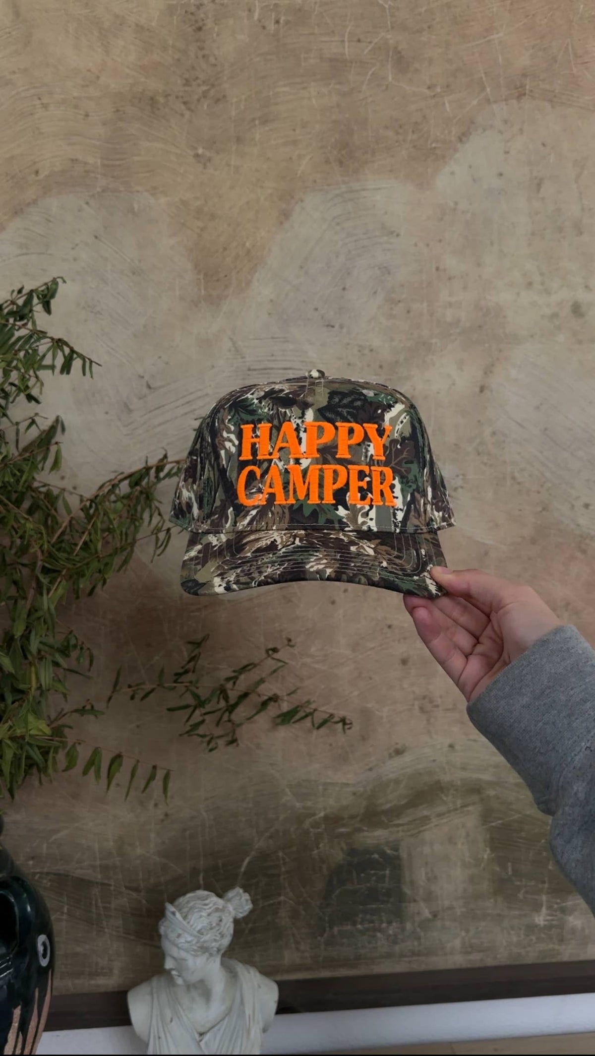 Happy Camper Camo hat: Neon orange
