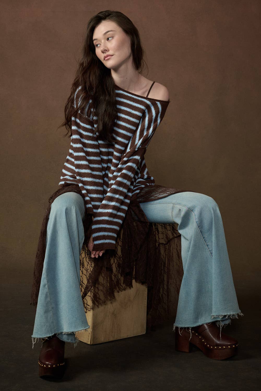 Striped Textured Knit Oversized Sweater: Midnight-Grey / L