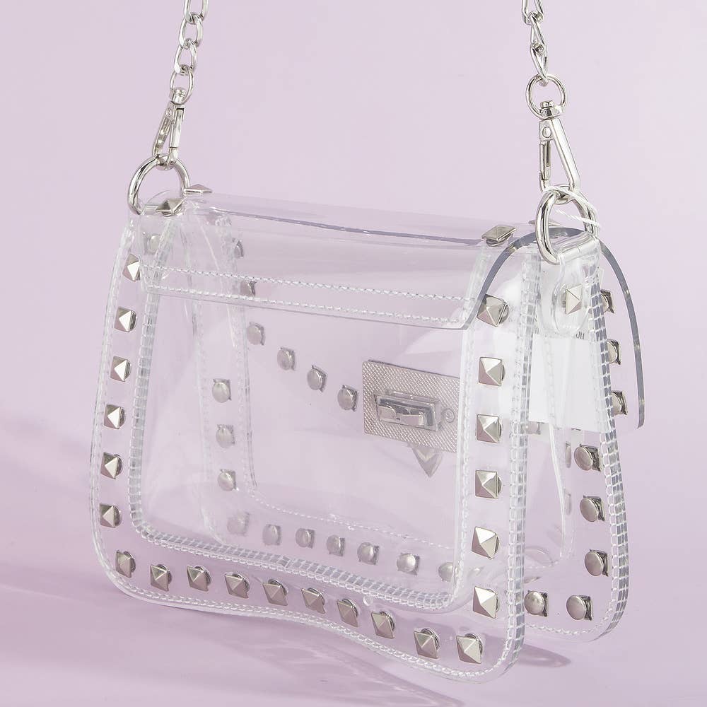 Clear Studded Crossbody Stadium Bag With Chain Strap: S