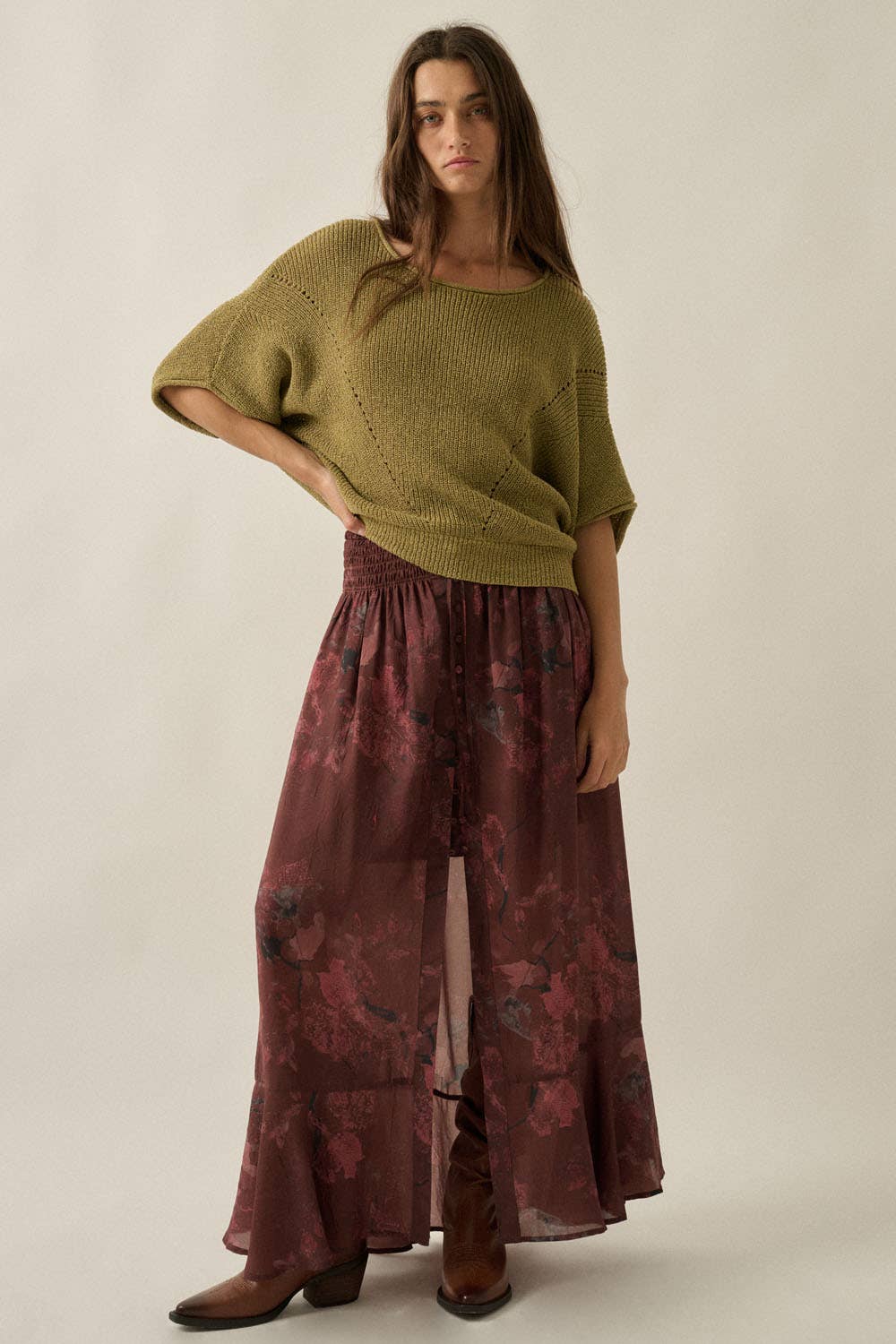 Short-Sleeve Pointelle Ribbed Knit Sweater: Mulberry / L