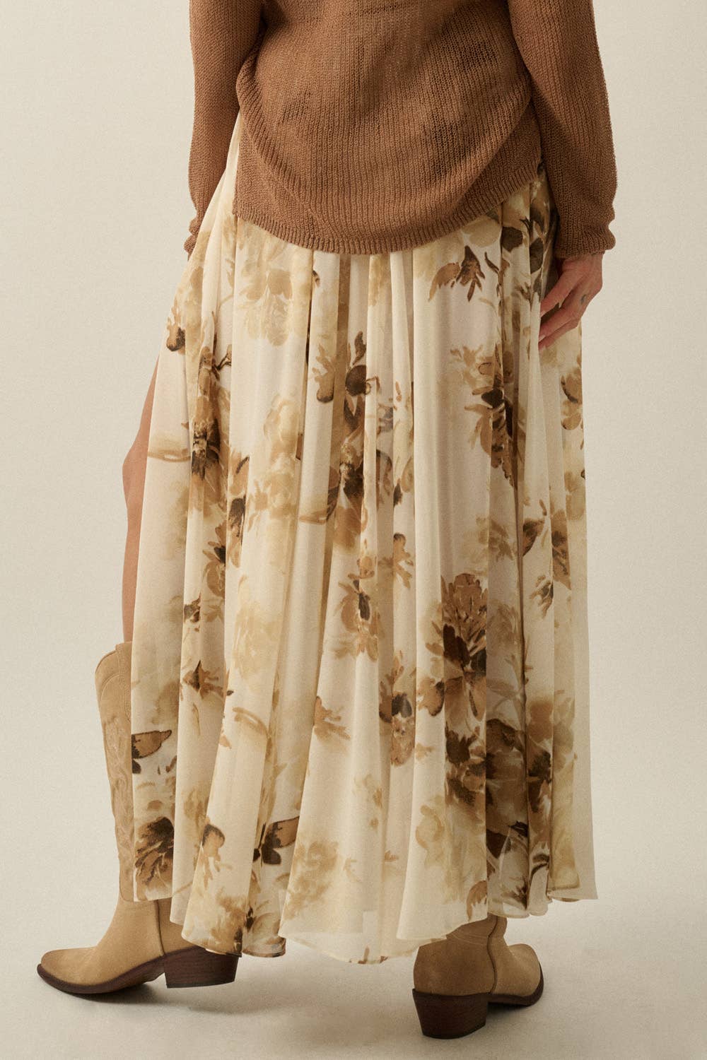 Floral-Print Chiffon Tie-Waist Maxi Skort: Retro Blue / M