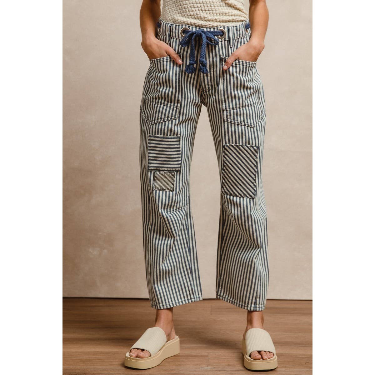 STRIPED TWILL BARREL PANTS: OATMEAL / S-M-L-XL(2-2-2-2)